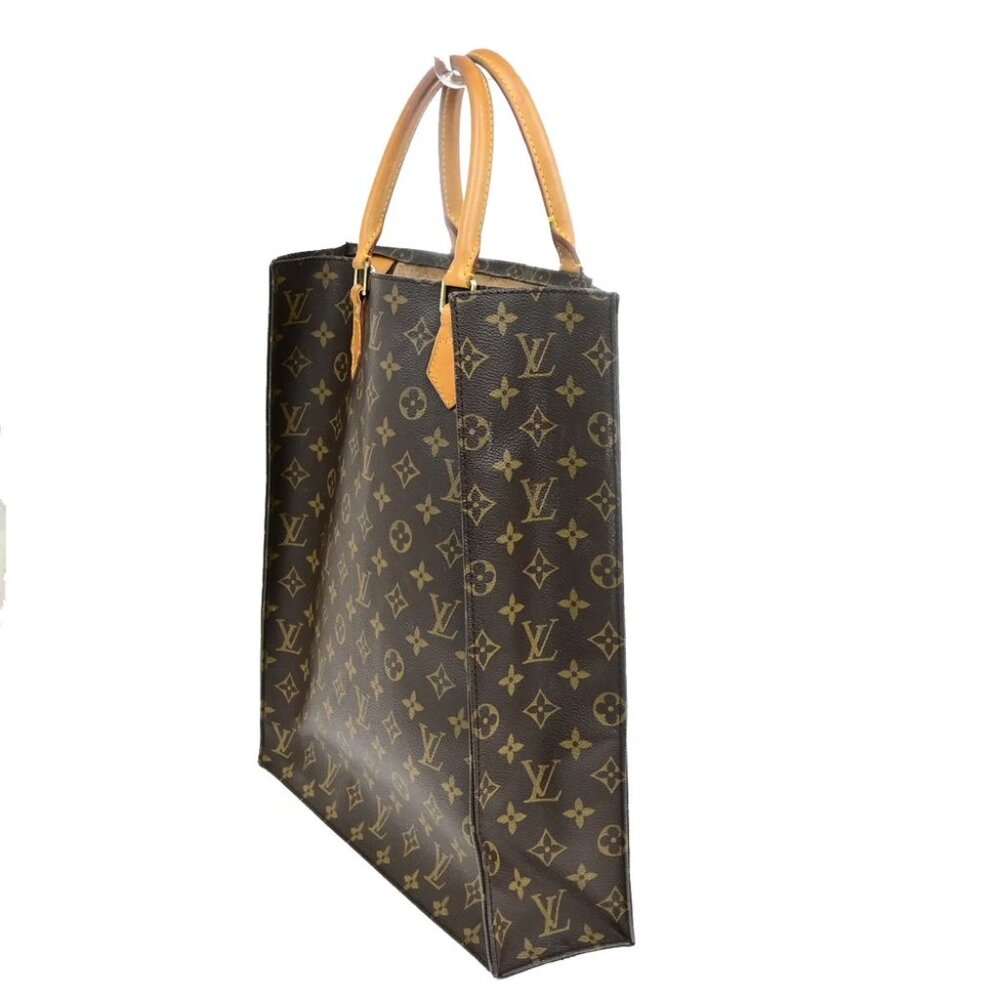 LOUIS VUITTON Logo Sac Plat Hand Tote Bag Monogram Leather Brown - Picture 14 of 15